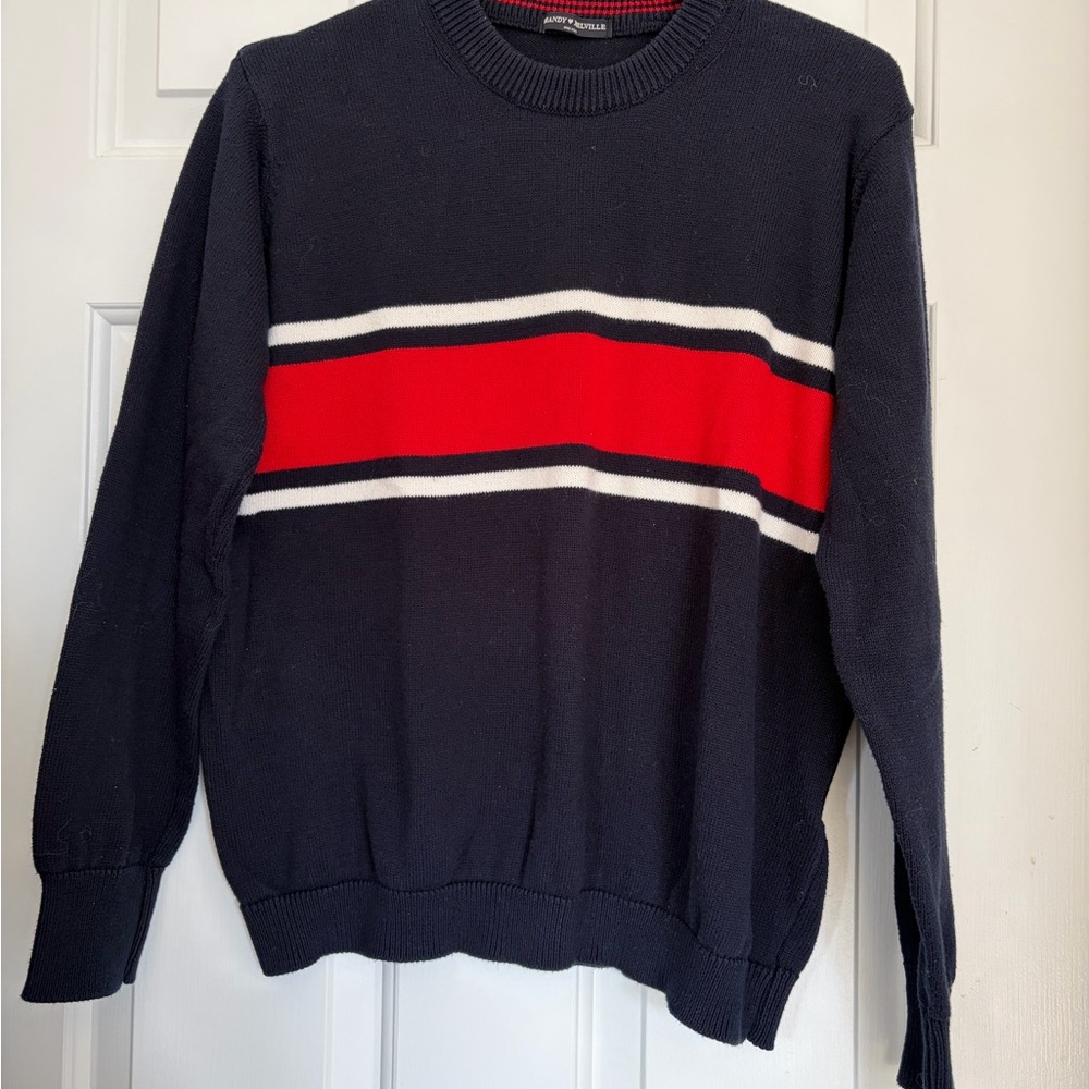 Brandy Melville Navy Crewneck Sweater with Red and White Stripe-Made in Italy